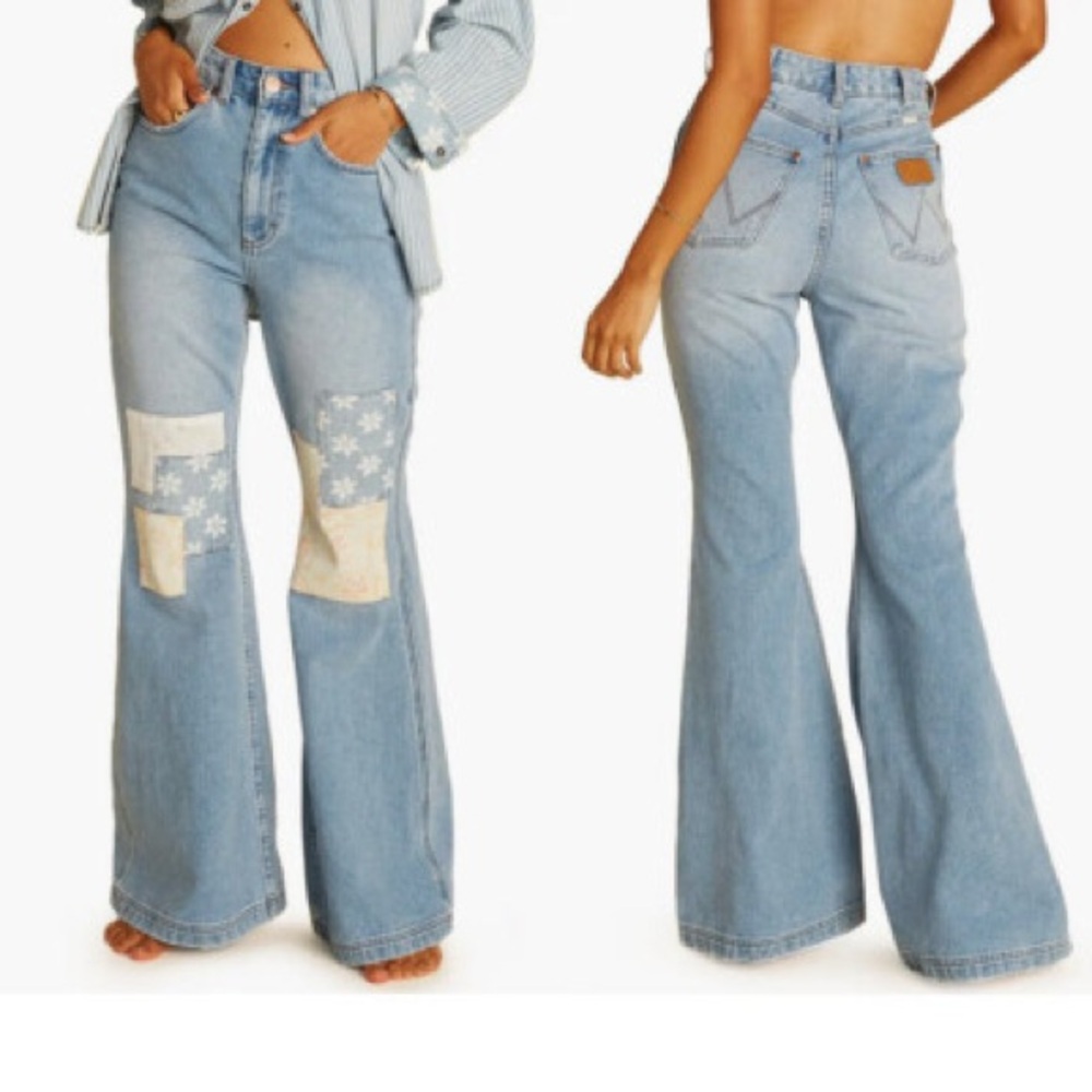 Wrangler Light Wash High-Rise Flare Jeans with Patchwork Knees